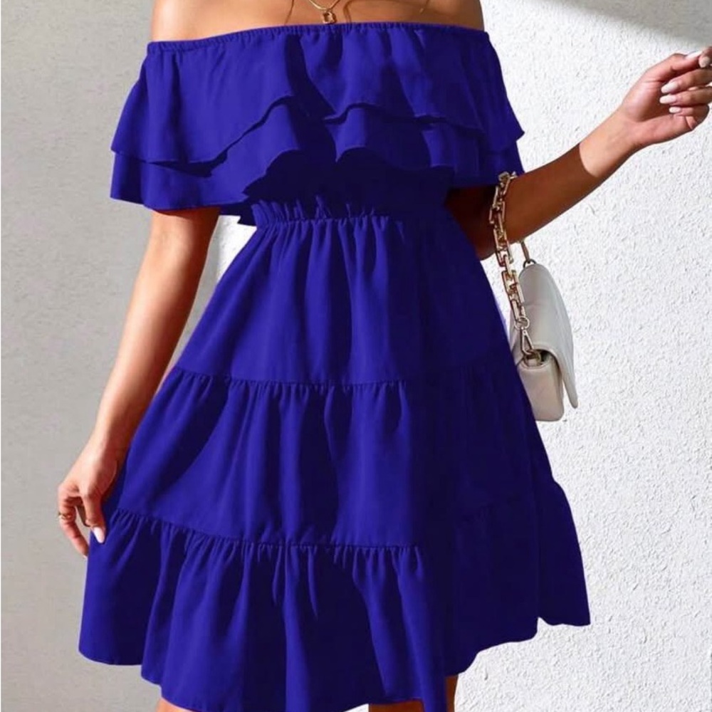 SHEIN Off-Shoulder Ruffle Tiered Mini Dress in Cobalt